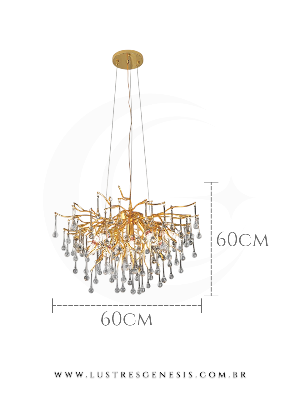 Lustre pendente de cristal moderno em formato de galho, com acabamento dourado e gotas de cristal, medindo 60cm x 60cm, ideal para sala de jantar, quartos e sala de estar.